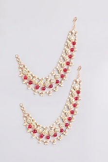Gold Finish Kundan Polki & Red Pearl Earchains