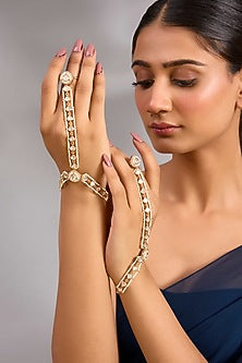 Gold Finish Kundan Polki Hathphool (Set Of 2)