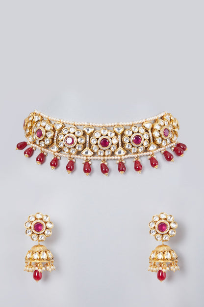 Gold Plated Kundan Polki & Ruby Choker Necklace Set