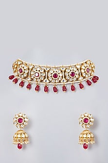 Gold Plated Kundan Polki & Ruby Choker Necklace Set