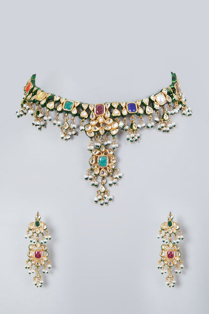Gold Plated Kundan Polki & Pearl Necklace Set