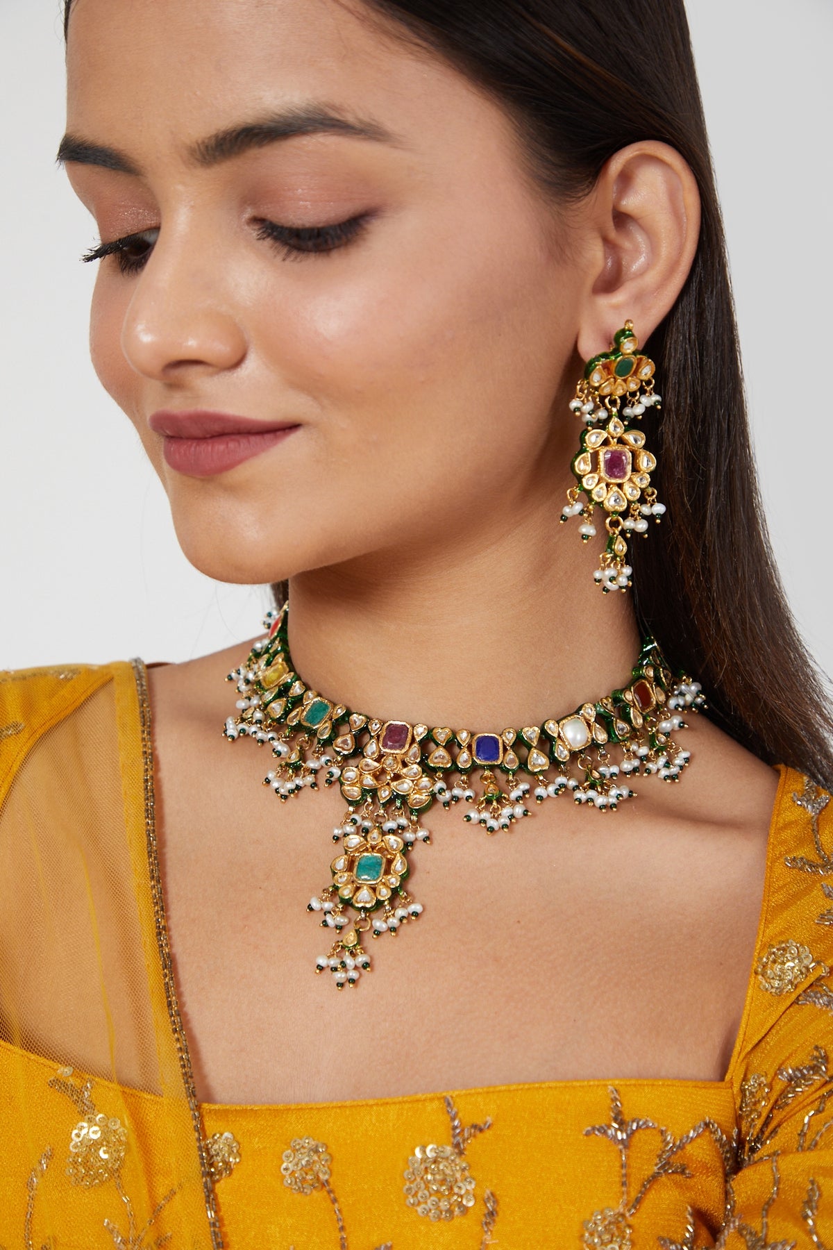 Gold Plated Kundan Polki & Pearl Necklace Set