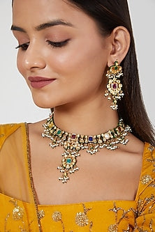 Gold Plated Kundan Polki & Pearl Necklace Set