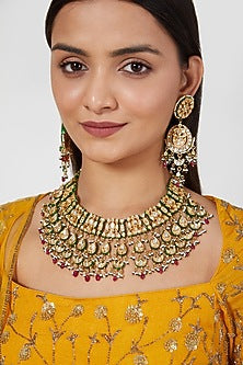 Gold Plated Kundan Polki & Ruby Stone Necklace Set
