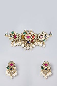 Gold Plated Navratna & Kundan Polki Choker Necklace Set