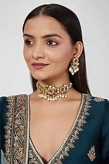 Gold Plated Navratna & Kundan Polki Choker Necklace Set