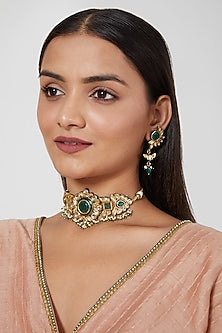 Gold Plated Pearl & Kundan Polki Choker Necklace Set
