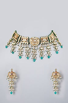 Gold Plated Kundan Polki & Beaded Choker Necklace Set