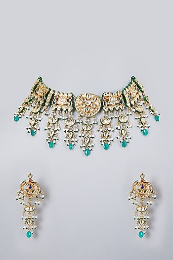 Gold Plated Kundan Polki & Beaded Choker Necklace Set