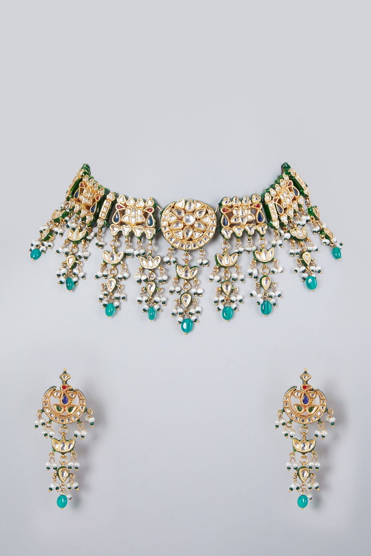 Gold Plated Kundan Polki & Beaded Choker Necklace Set