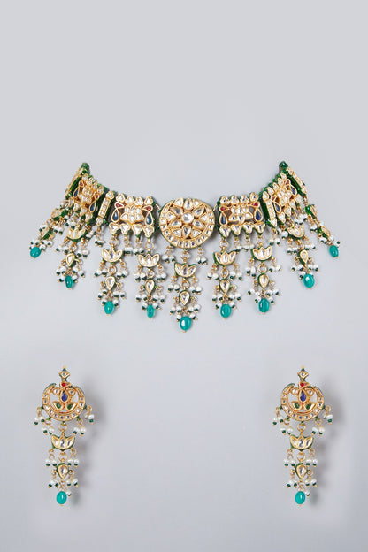Gold Plated Kundan Polki & Beaded Choker Necklace Set