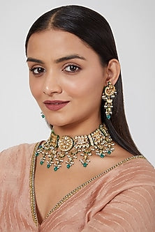 Gold Plated Kundan Polki & Beaded Choker Necklace Set