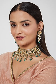 Gold Plated Kundan Polki & Beaded Choker Necklace Set