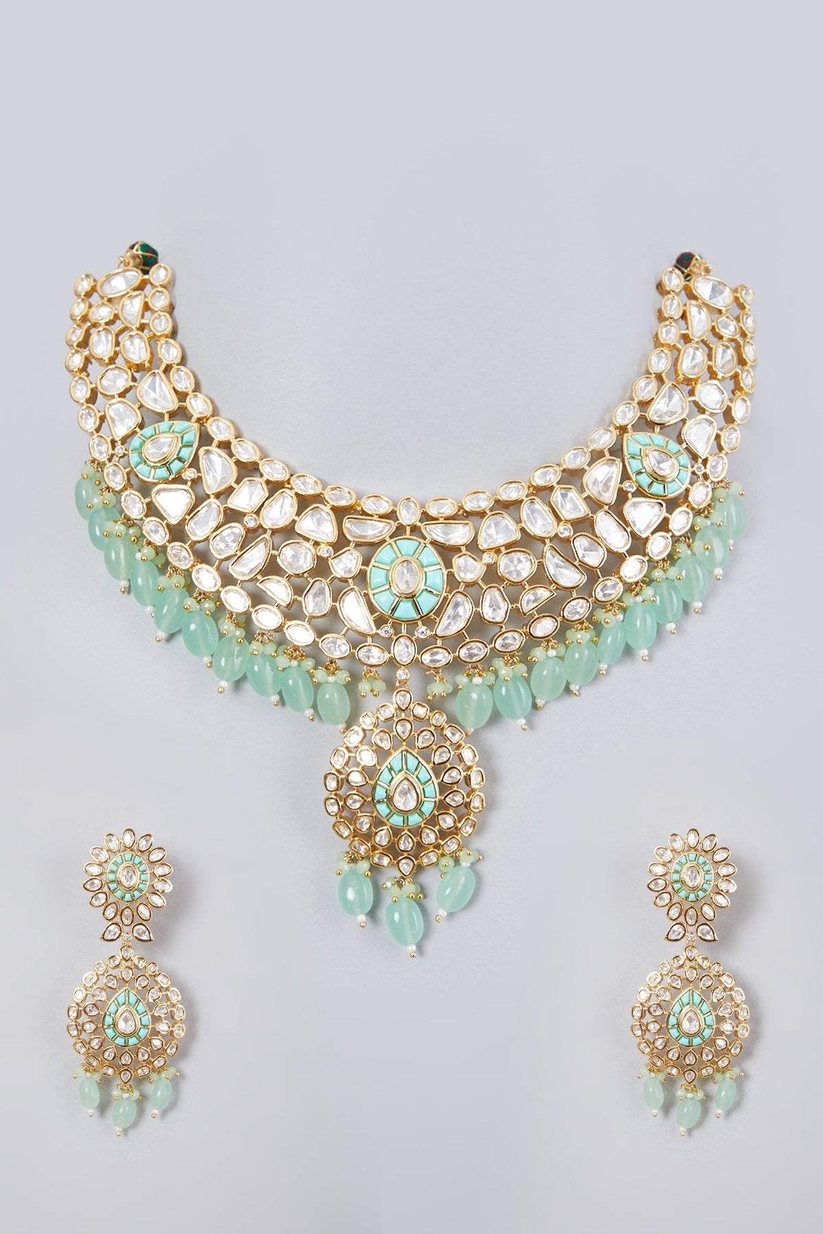 Gold Plated Kundan Polki & Beaded Necklace Set
