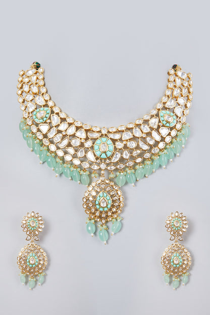 Gold Plated Kundan Polki & Beaded Necklace Set