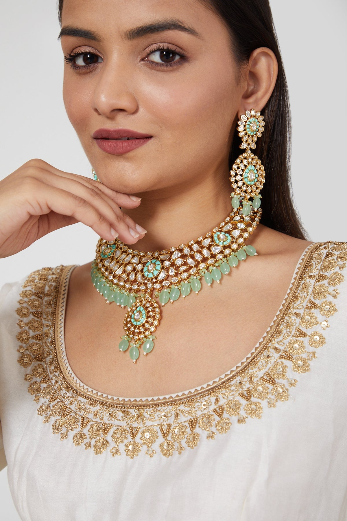 Gold Plated Kundan Polki & Beaded Necklace Set
