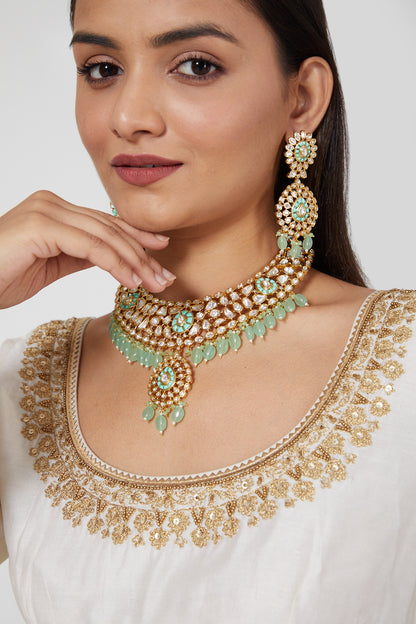 Gold Plated Kundan Polki & Beaded Necklace Set