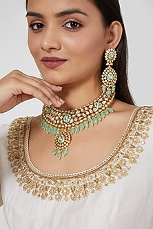 Gold Plated Kundan Polki & Beaded Necklace Set