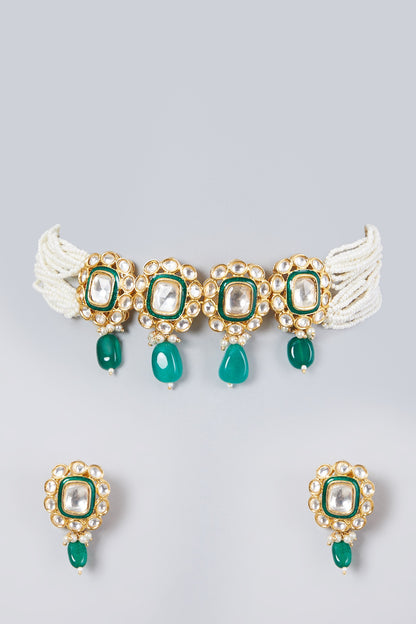 Gold Plated Kundan Polki & Pearl Choker Necklace Set