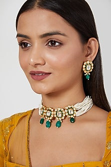 Gold Plated Kundan Polki & Pearl Choker Necklace Set