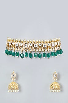 Gold Plated Kundan Polki & Green Beaded Choker Necklace Set