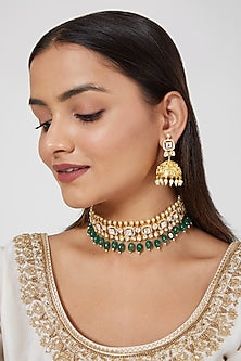 Gold Plated Kundan Polki & Green Beaded Choker Necklace Set