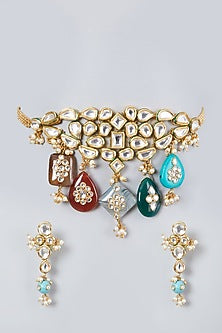 Gold Plated Kundan Polki & Pearl Choker Necklace Set