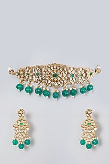 Gold Plated Kundan Polki & Emerald Choker Necklace Set
