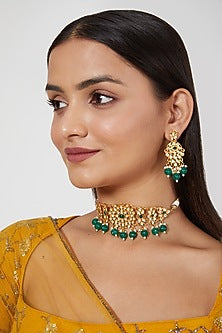 Gold Plated Kundan Polki & Emerald Choker Necklace Set