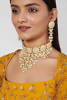 Gold Plated Kundan Polki & Pearl Choker Necklace Set