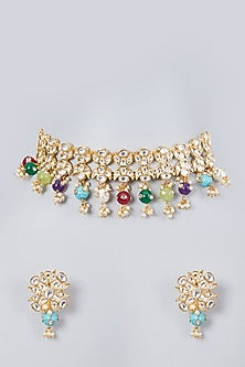 Gold Plated Kundan Polki & Navratna Choker Necklace Set