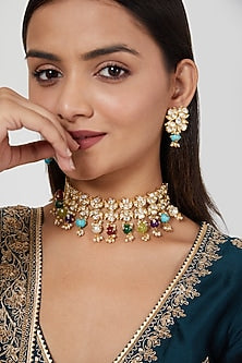 Gold Plated Kundan Polki & Navratna Choker Necklace Set