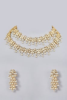Gold Plated Kundan Polki & Pearl Layered Necklace Set