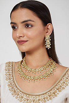 Gold Plated Kundan Polki & Pearl Layered Necklace Set