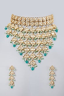 Gold Plated Kundan Polki & Green Beaded Choker Necklace Set