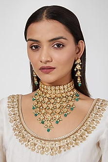 Gold Plated Kundan Polki & Green Beaded Choker Necklace Set