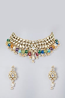 Gold Plated Kundan Polki & Navratna Necklace Set