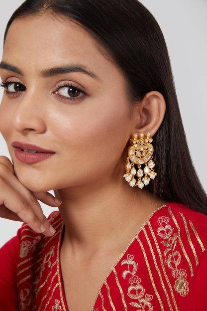 Gold Plated Kundan Polki & Pearl Earrings