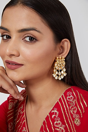 Gold Plated Kundan Polki & Pearl Earrings