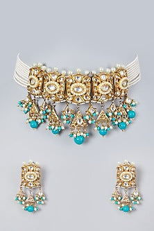 Gold Plated Bead & Kundan Polki Choker Necklace Set