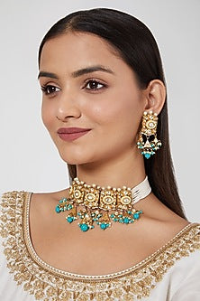Gold Plated Bead & Kundan Polki Choker Necklace Set