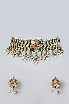 Gold Plated Kundan Polki & Navratna Floral Choker Necklace Set