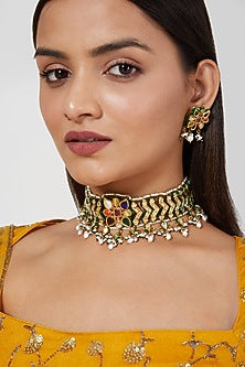 Gold Plated Kundan Polki & Navratna Floral Choker Necklace Set