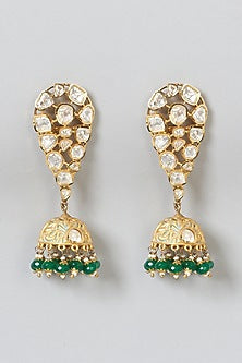 Gold Finish Meenakari Kundan Polki Jhumka Earrings