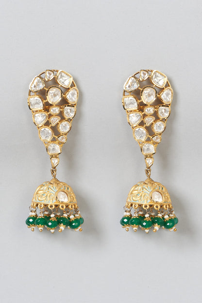 Gold Finish Meenakari Kundan Polki Jhumka Earrings