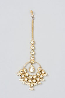 Gold Finish Kundan Polki & Pearl Hanging Maangtikka