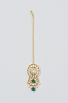 Gold Finish Kundan Polki & Pearl Hanging Maangtikka