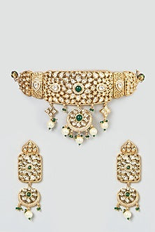 Gold Finish Kundan Polki & Pearl Drop Choker Necklace Set