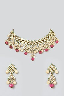 Gold Finish Kundan Polki & Pearl Choker Necklace Set