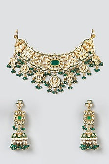 Gold Finish Kundan Polki & Emerald Stone Choker Necklace Set